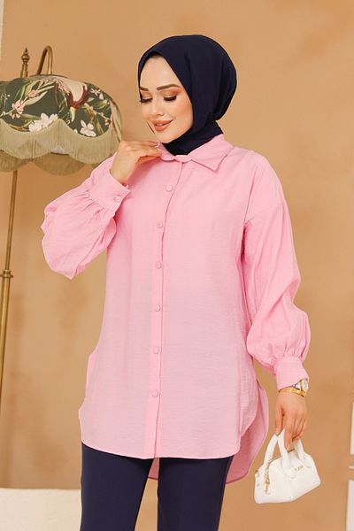 Neva Style تونيك حجاب وردي - بأزرار 10059P