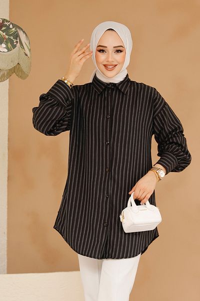 Neva Style Cămașă neagră Hijab cu design grilă (model nr.: 30702S)