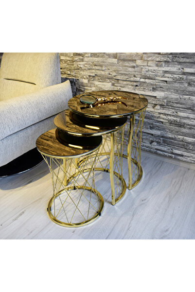 SEDAŞ LIVING UNITS Hasır 3lü Zigon Sehpa Gold Renk Metal Ayak, Bronz Ayna sed...