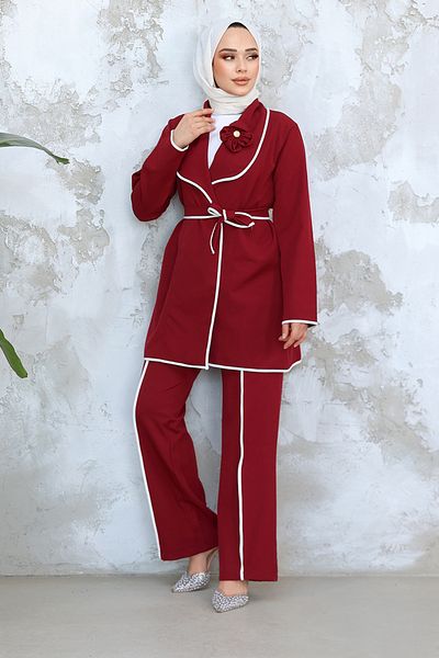 Neva Style بدلة حجاب حمراء كلاريت مع سترة 40051BR