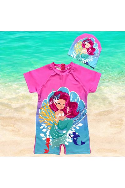 Lolliboomkids Girl's Mermaid Print Themed Sensitive Skin Short Sleeve Hipster Swimsuit Cap Set
