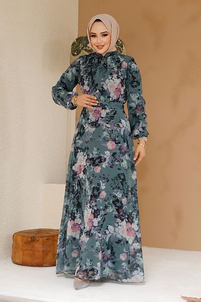 Neva Style Rochie hijab kaki cu imprimeu floral 27961HK