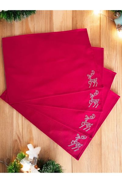 Atölye No 35 Tischsets Weihnachten, 4er Set Rot Gold Rentier-Stickerei, Abwaschbar 45x35 cm