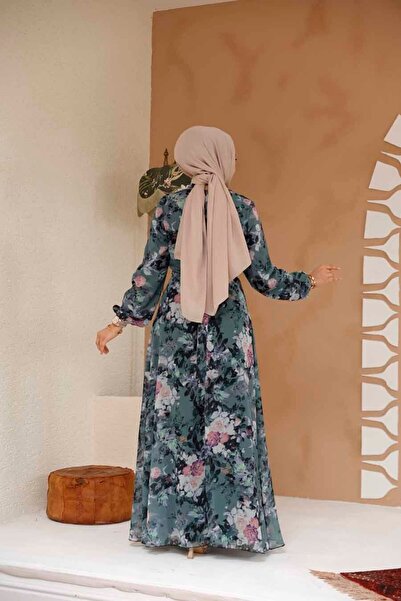 Neva Style Floral Patterned Khaki Hijab Dress 27961Hk