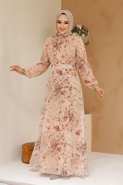 Neva Style Rochie Hijab Somon cu Motiv Floral 27966SMN