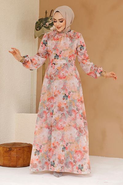 Neva Style Rochie hijab pudrată cu modele florale 27985PD