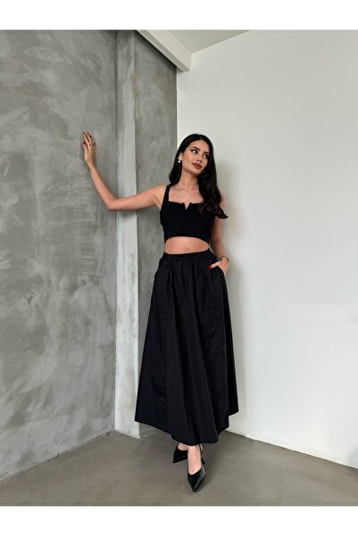 Kurtayfashion Fusta evazata din popelin de dama cu buzunare si talie elastica