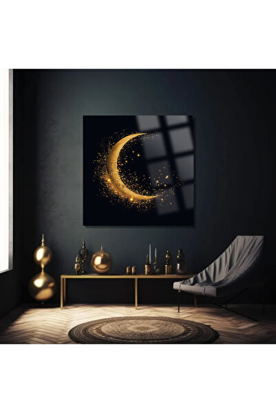 TAULART GOLD YARIM AY ULTRA YÜKSEK ÇÖZÜNÜRLÜK KARE CAM TABLO EV İŞ YERİ OFİS HEDİYESİ SOYUT TASARIM TABLO