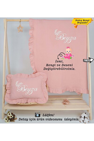 gros shop %100 Pamuk 4 Katlı Müslin Fırfırlı Battaniye Takı Yastığı Kılıfı (K...