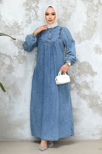 Neva Style Rochie albastră din denim hijab cu buzunar 19141M
