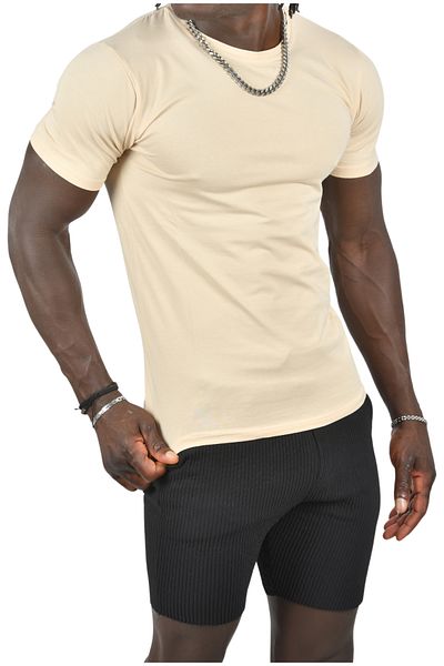 DeepSEA Κρεμ Ανδρικό/Unisex Slim Fit Στενή Λαιμόκοψη Βαμβακερό Λυκρα Basic Τι shirt 1801131