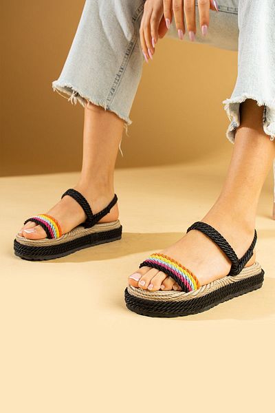 Pembe Potin Women's Multi Black Straw Comfortable Sole Daily Rope String Sandals