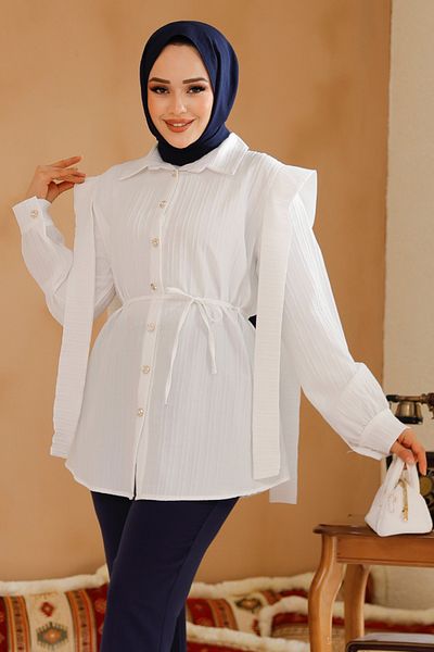 Neva Style Tunica albă hijab cu detaliu brâu pe umeri 10131B