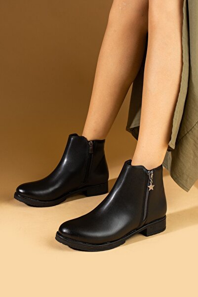 Pembe Potin Kadın Siyah Fermuar Detaylı Kısa Confort Tarz Şık ve Rahat Bot