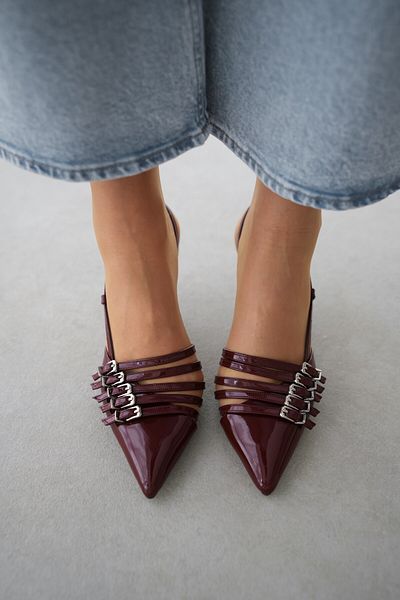 selinshoes Pena vârf ascuțit cu cinci benzi detaliu curea la gleznă pentru femei stiletto - piele lacuită roșu claret