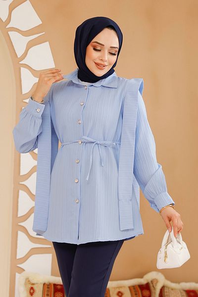 Neva Style Tunica Hijab Baby Blue cu detaliu brâu pe umeri 10131BM