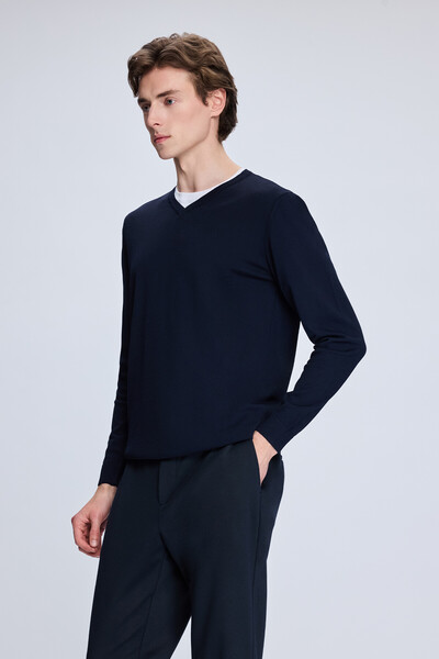 Hatemoğlu Синій Regular Fit V-подібний комір, кашеміровий светр