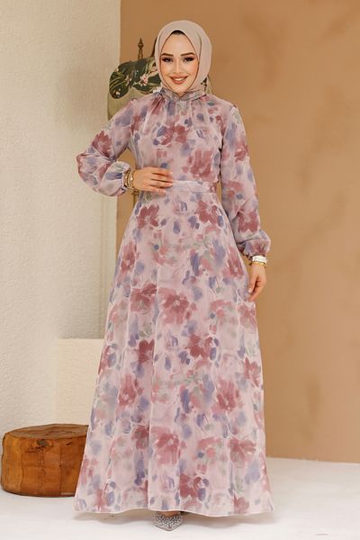 Neva Style Floral Patterned Powder Hijab Dress 27978Pd