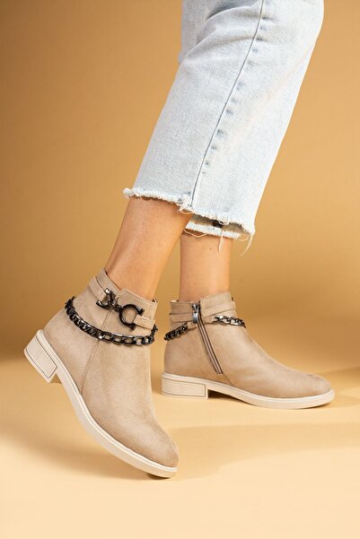 Pembe Potin Women'S Cream Suede Zippered Chain Poly Sole Daily Comfortable Lined BootS