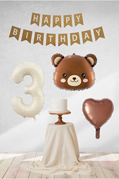 BİDOLUMUTLULUK Retro Krem Bej Yaş Folyo Balon Kraft Happy Birthday Flama Ayıc...