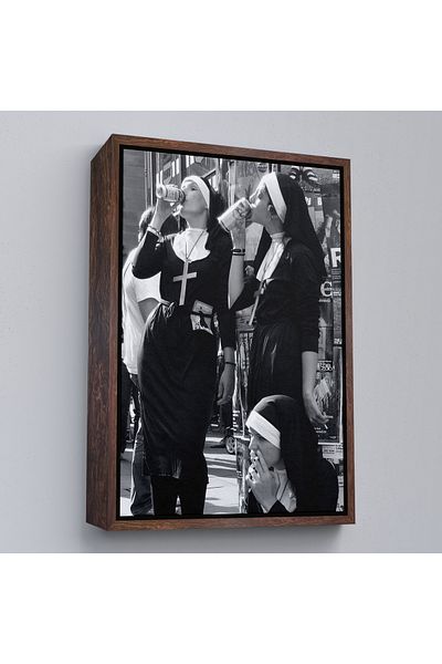 Harita Sepeti Rebel Nuns Canvas Painting with White Frame, Drinking and Smoking Parody, Black and White Street Art