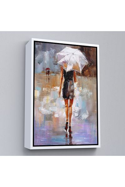 Harita Sepeti Femeie care merge prin ploaie într-o pictură în ulei cu cadru alb, vedere decorativă, pictură murală pe pânză