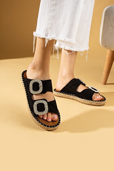 Pembe Potin Women's Black Suede Crystal Double Buckle Poly Comfortable Straw Sole Slippers Sandals