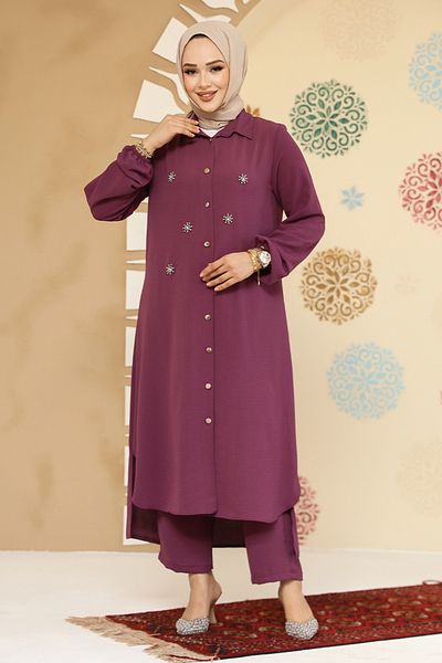 Neva Style طقم حجاب مزدوج مزين بالخرز باللون الوردي الداكن 12082KGK