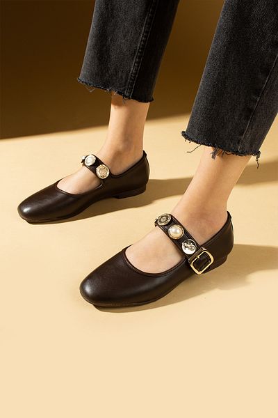 Pembe Potin Women's Ballerinas Brown Buckle Banded Lightweight Comfortable Sole Stylish Casual Shoes