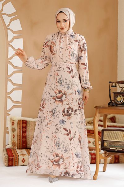 Neva Style Floral Patterned Salmon Hijab Dress 27963Smn
