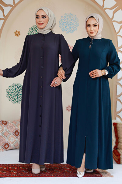 Neva Style Buttoned Smoked Hijab Abaya (45283Fu)