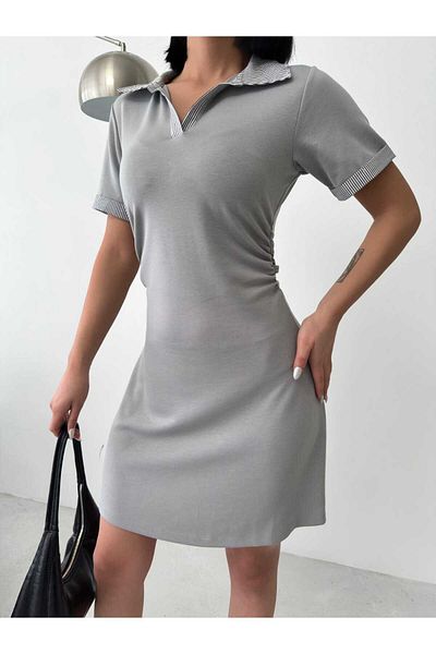 aytenli Shirt Collar Short Sleeve Side Gathered Top Tight Bottom Lightweight Wide Mini Length Modal Dress