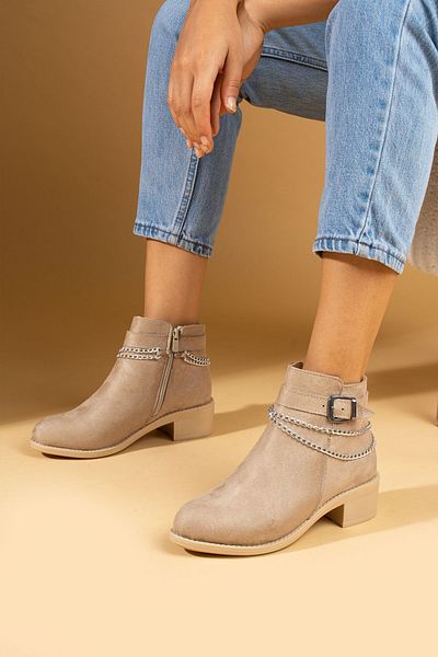 Pembe Potin Γυναικεία Suede Cream Beige Poly Sole - Άνετα καθημερινά μποτάκια με φερμουάρ και αγκράφα, ζεστή εσωτερική επένδυση