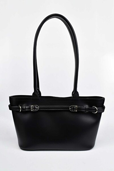 birizmoda Γυναικεία δερμάτινη τσάντα χειρός και ώμου με ζώνη - Μαύρη