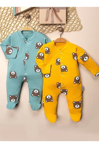LemayBebek 2-Piece Report Teddy Bear Patterned Baby Jumpsuit with Booties