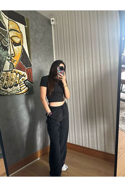 sajarsln Wide Leg Loose Trousers with Drawstring Waist - Black