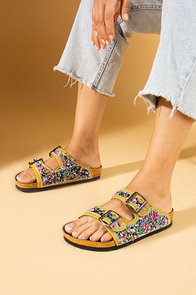 Pembe Potin Orthopedic Sole Yellow Natural Stone Double Banded Slippers - Daily Comfortable Use