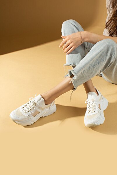 Pembe Potin Beyaz Kadın Spor Sneaker Bağcıklı Günlük Rahat Taban Ayakkabı