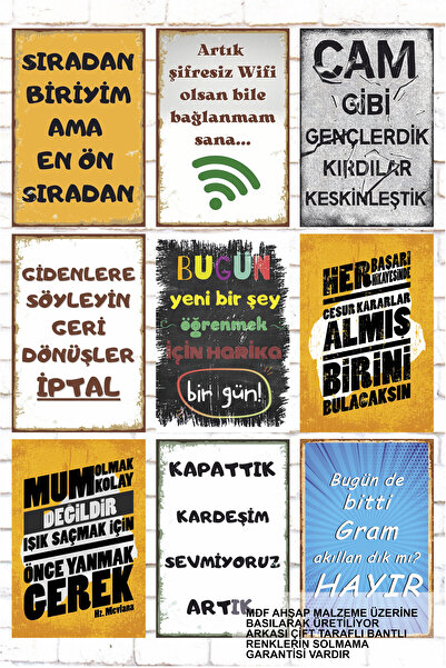 Hayat Poster 9 Parça Karışık Yazılı Ahşap Tablo Set esprili komik anlamlı kamyon arkası sözler duvar yazıları