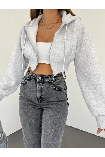 modaemay Silný bavlněný Crop Cardigan se 3 vlákny a kapucí