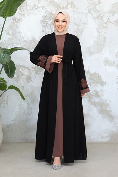 Neva Style Embroidery Patterned Black Dark Mink Hijab Abaya Suit 29128Skv