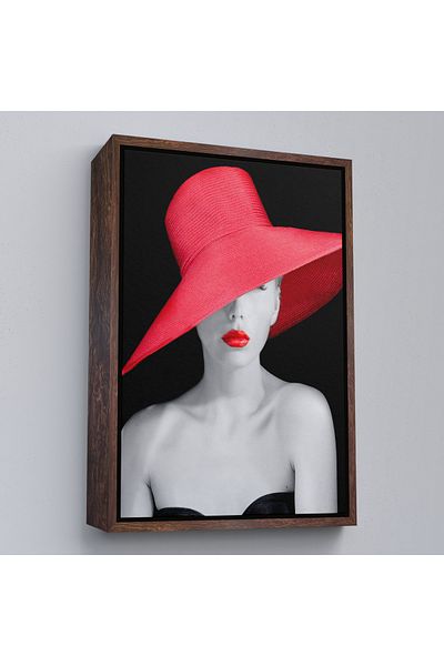 Harita Sepeti Pictură pe pânză de femeie tânără elegantă cu ruj roșu și pălărie roșie în cadru alb
