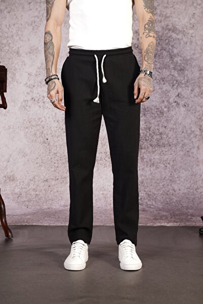 Butik Trend Biz Lycra Linen Fabric Regular Fit Trousers with Elastic Waist and Cord