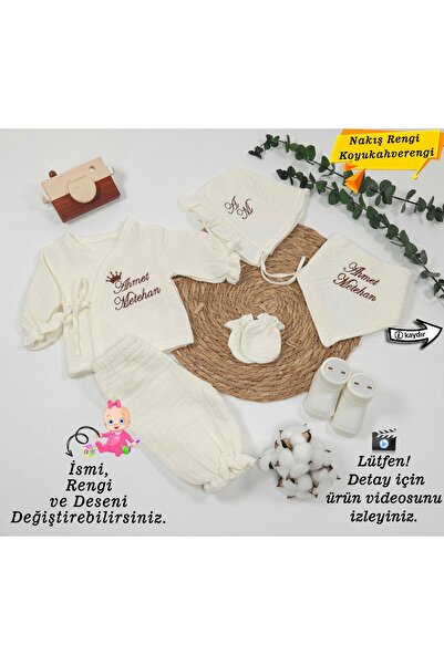 gros shop 4Katlı Müslin 6'li Bağcıklı Tulum %100Pamuk Hastane Çıkışı-Hediyelik(KişiyeÖzgü İsimli NakışDesenli)