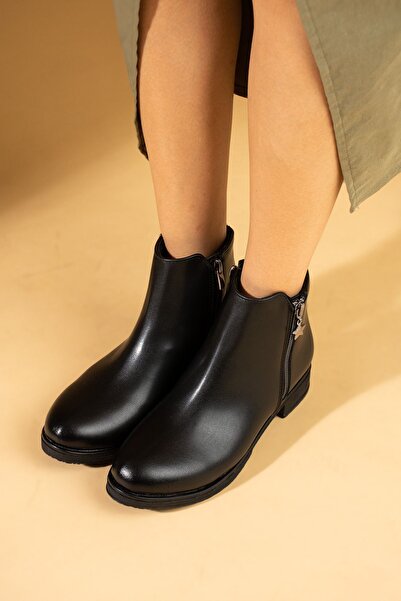 Pembe Potin Kadın Siyah Fermuar Detaylı Kısa Confort Tarz Şık ve Rahat Bot