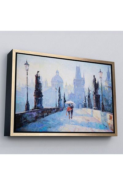 Harita Sepeti O pereche de iubitori sub un umbrelă cu cadru auriu Pictură murală pe pânză