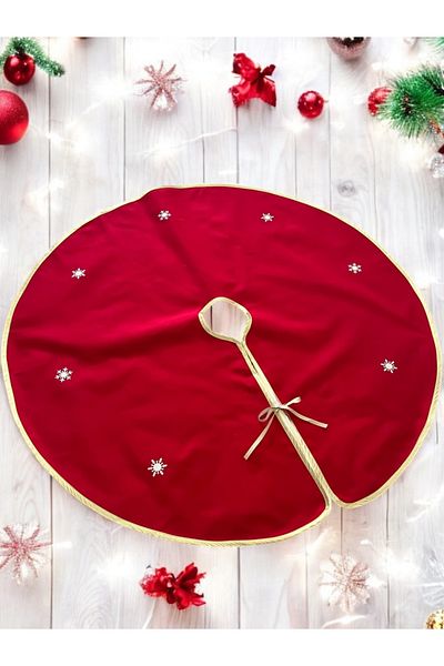Atölye No 35 Weihnachtsbaumrock Rund Rot-Gold mit Schneeflocken-Motiv, 90 cm Weihnachtsdeko