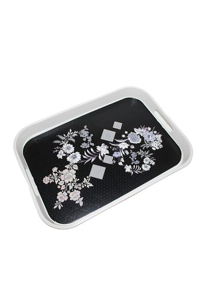 RAMDET Modern Ethnic Black Flower Patterned Plexiglass Service Presentation Tray 35*25 cm Tea Coffee Tray
