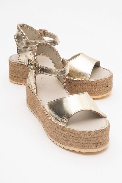 LuviShoes Sandale SEREZ din piele naturală aurie pentru femei cu talpă cu paie