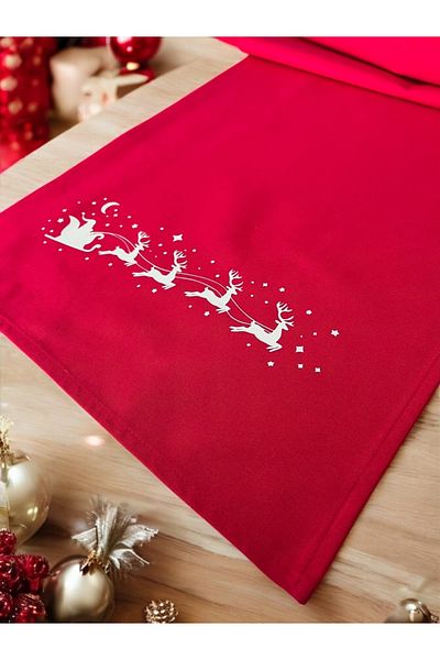 Atölye No 35 Weihnachtlicher Tischläufer Rot mit Santa&Rentier Golddruck 40x140 Weihnachtsdeko